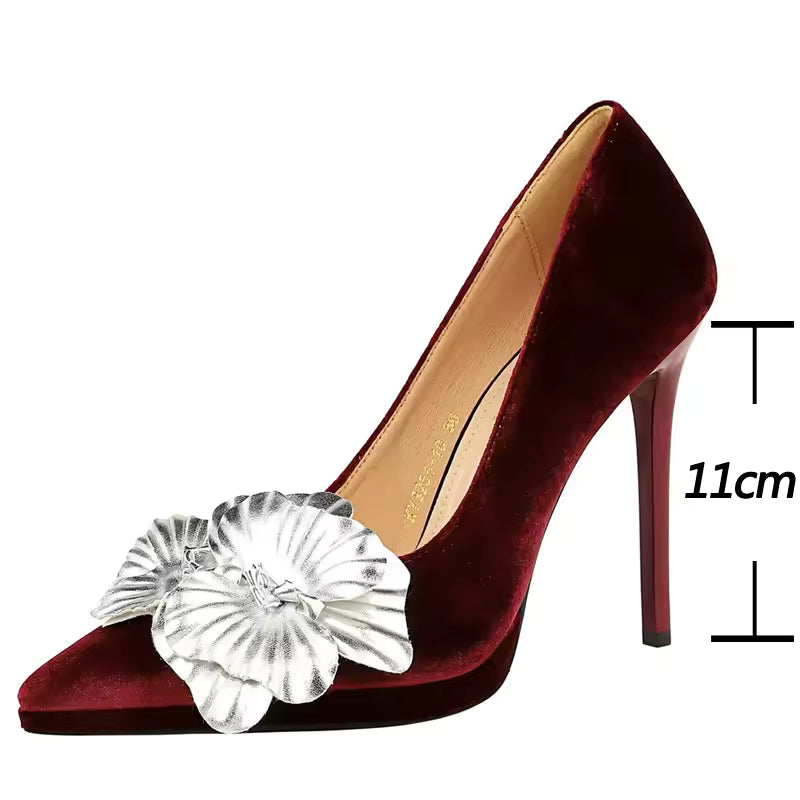 Elegant Pointed Toe SLIP-ON Upper Flower Design Stiletto Pumps Thin Heels