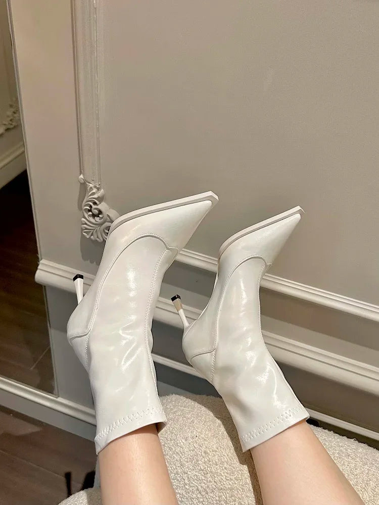Elegant Pointed Toe Soft Leather Short Socks Ankle Boots