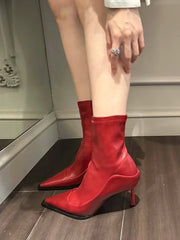 Elegant Pointed Toe Soft Leather Short Socks Ankle Boots