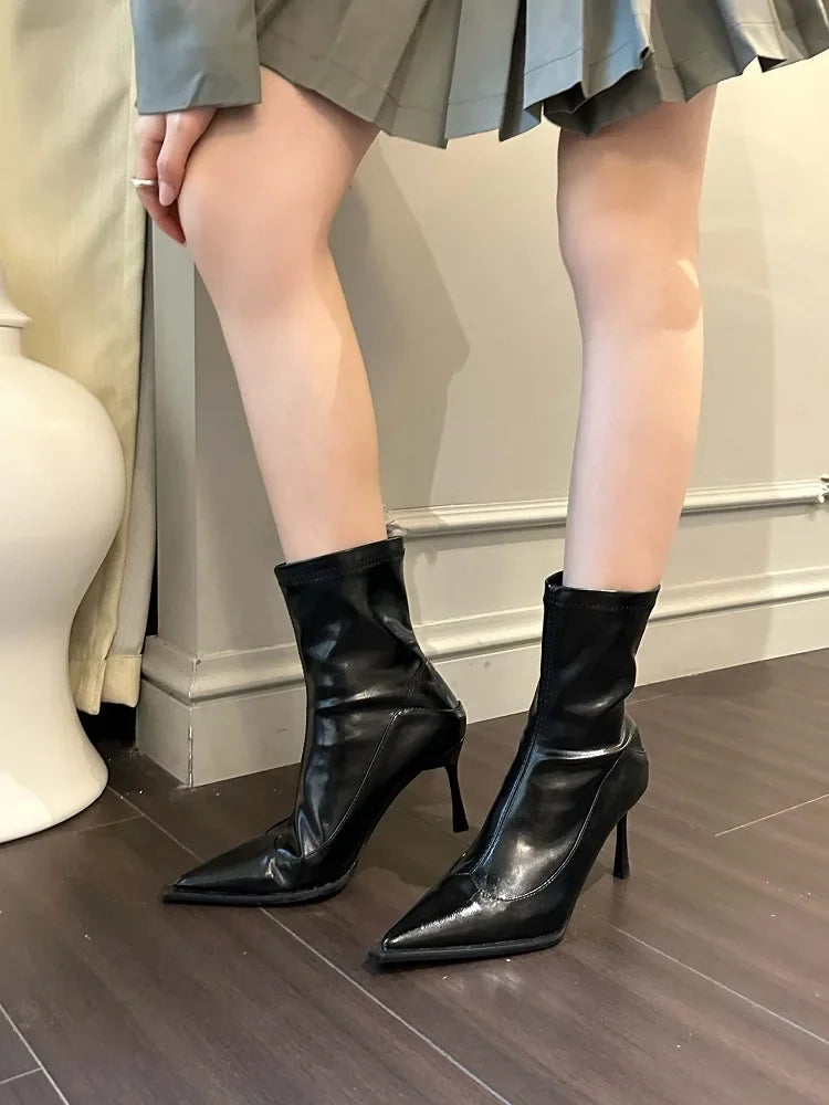 Elegant Pointed Toe Soft Leather Short Socks Ankle Boots