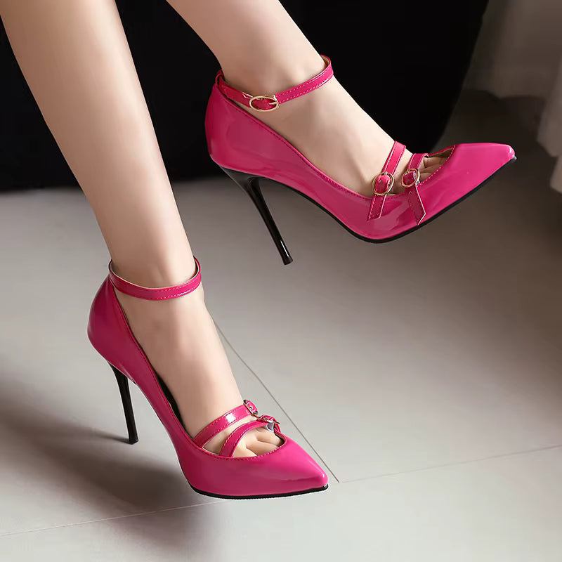 Elegant Pointed Toe Stiletto Ankle Buckle Strap Pumps Thin High Heels