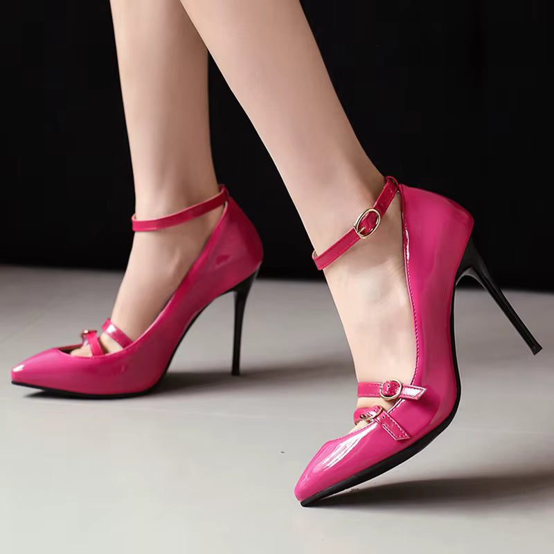 Elegant Pointed Toe Stiletto Ankle Buckle Strap Pumps Thin High Heels