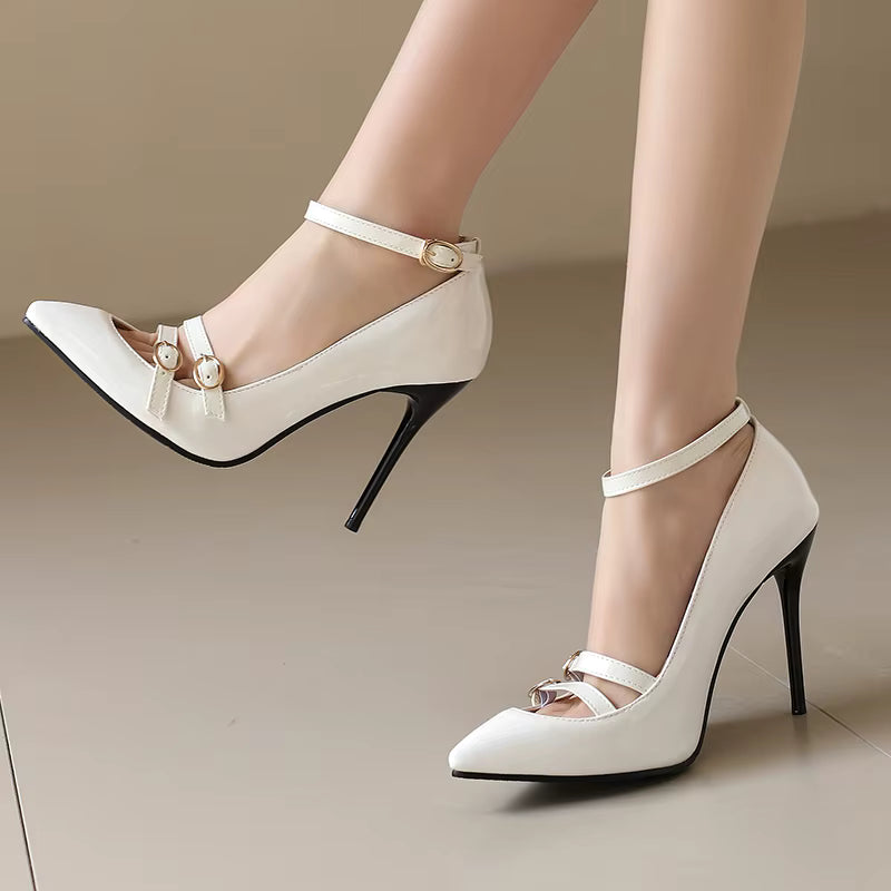Elegant Pointed Toe Stiletto Ankle Buckle Strap Pumps Thin High Heels
