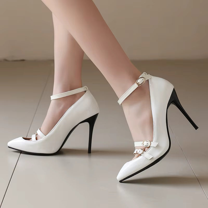 Elegant Pointed Toe Stiletto Ankle Buckle Strap Pumps Thin High Heels