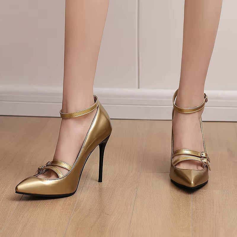 Elegant Pointed Toe Stiletto Ankle Buckle Strap Pumps Thin High Heels