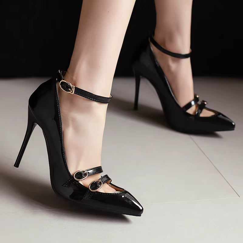 Elegant Pointed Toe Stiletto Ankle Buckle Strap Pumps Thin High Heels