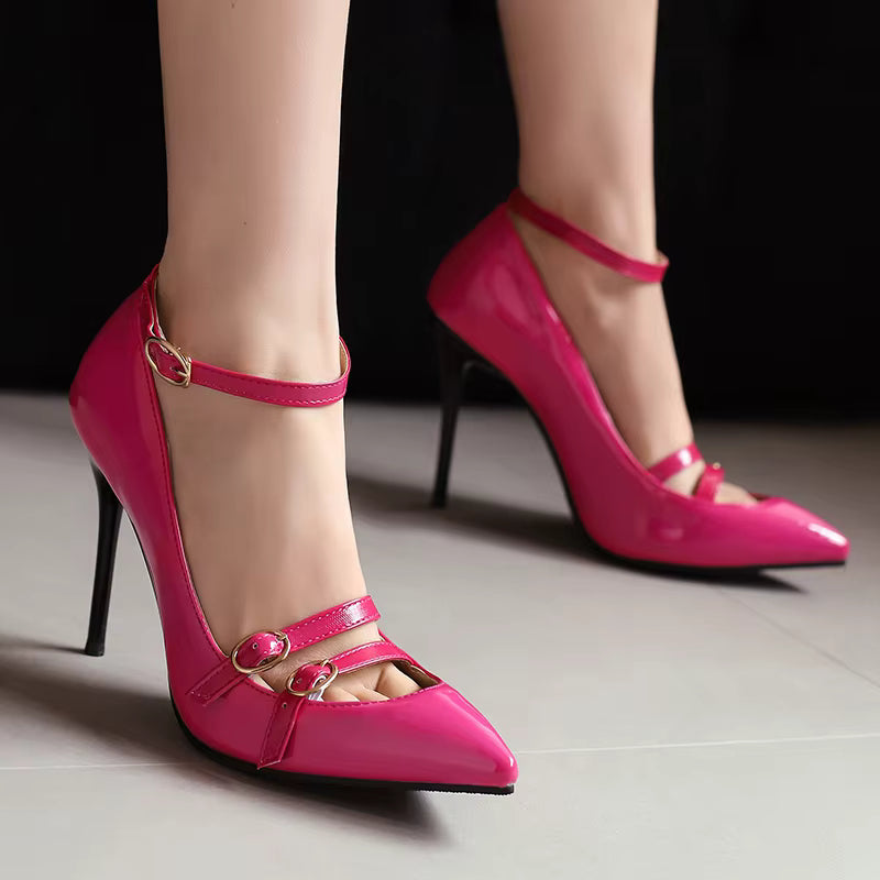 Elegant Pointed Toe Stiletto Ankle Buckle Strap Pumps Thin High Heels