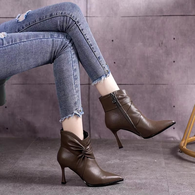 Elegant Pointed Toe Thin High Heels Slip On Pleated Ankle Boots