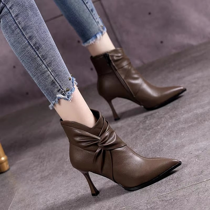 Elegant Pointed Toe Thin High Heels Slip On Pleated Ankle Boots