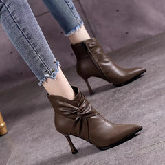 Elegant Pointed Toe Thin High Heels Slip On Pleated Ankle Boots