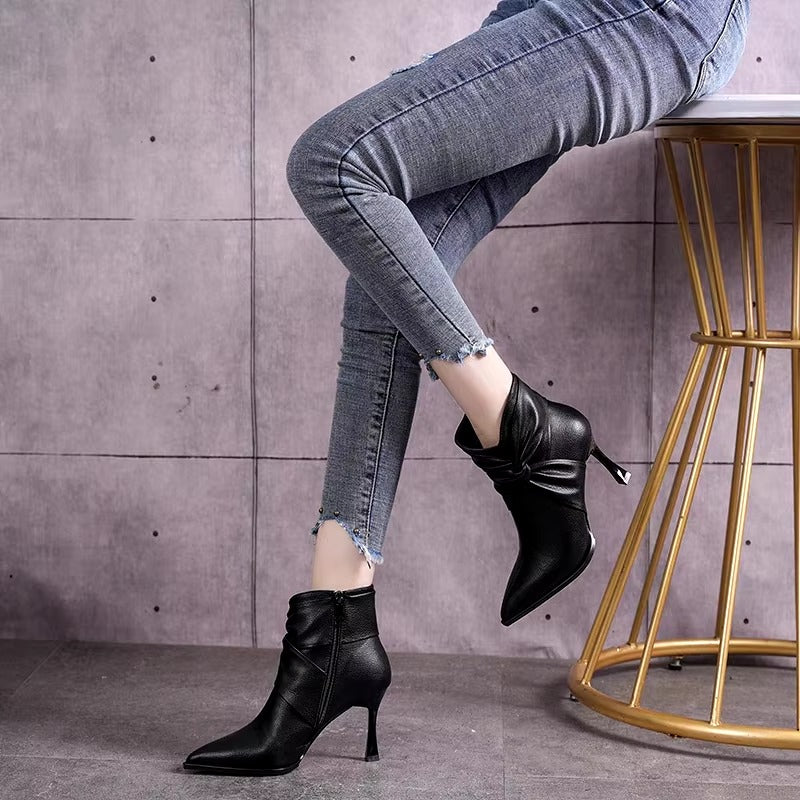 Elegant Pointed Toe Thin High Heels Slip On Pleated Ankle Boots