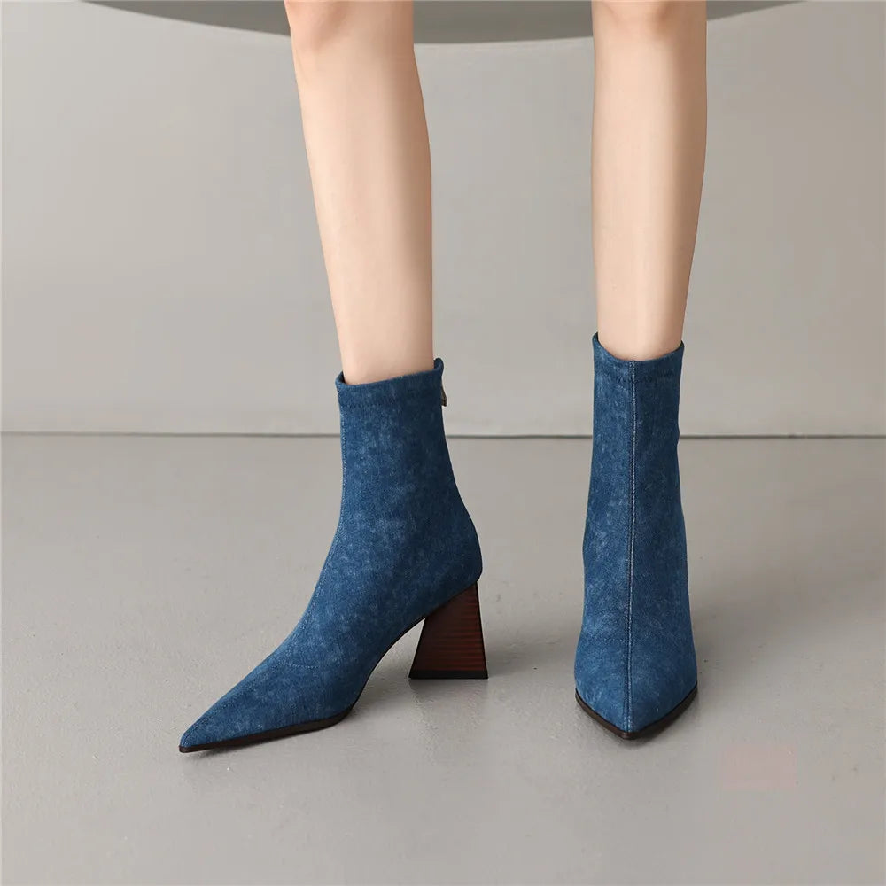 Elegant Pointed Toe Zippers Solid Color Party Thick Heels Ankle Strange Boots