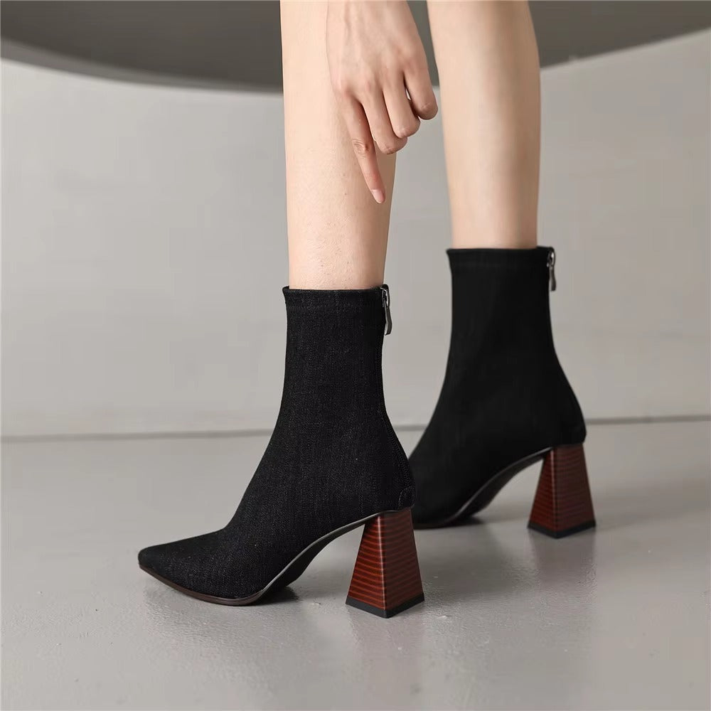 Elegant Pointed Toe Zippers Solid Color Party Thick Heels Ankle Strange Boots
