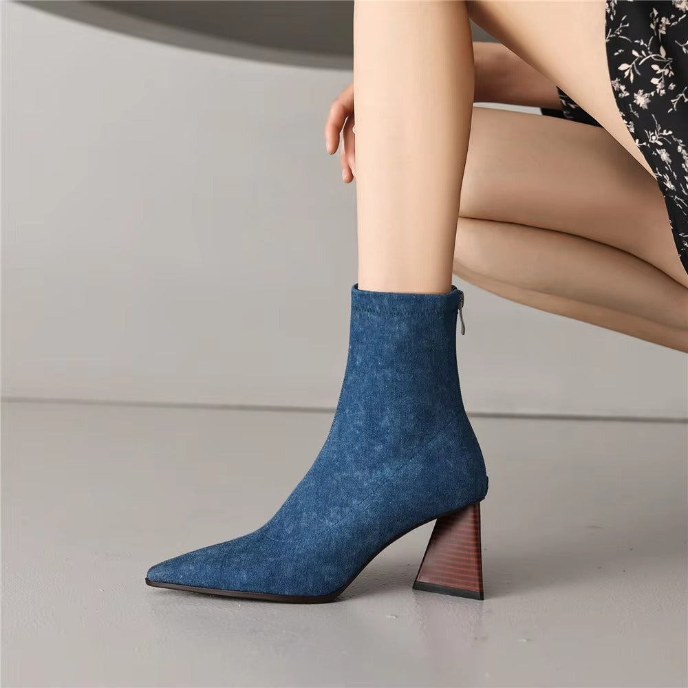 Elegant Pointed Toe Zippers Solid Color Party Thick Heels Ankle Strange Boots