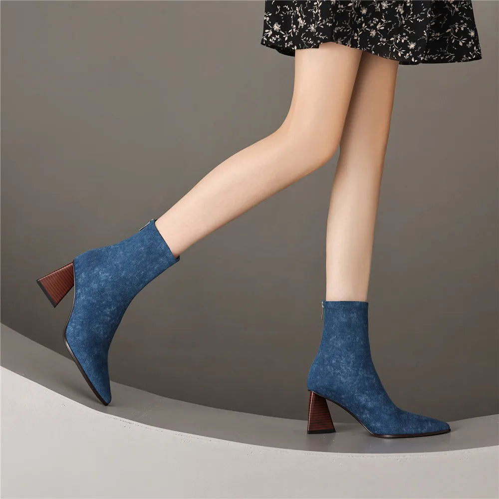 Elegant Pointed Toe Zippers Solid Color Party Thick Heels Ankle Strange Boots