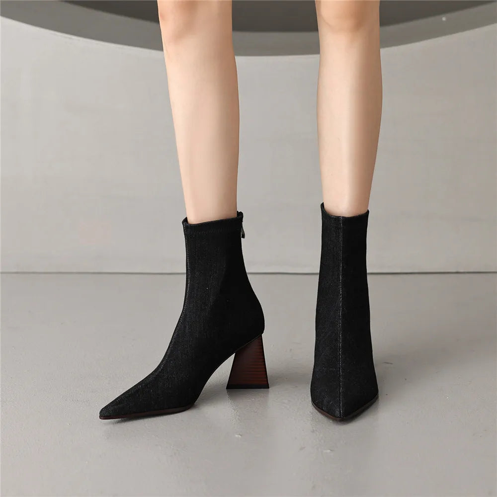 Elegant Pointed Toe Zippers Solid Color Party Thick Heels Ankle Strange Boots