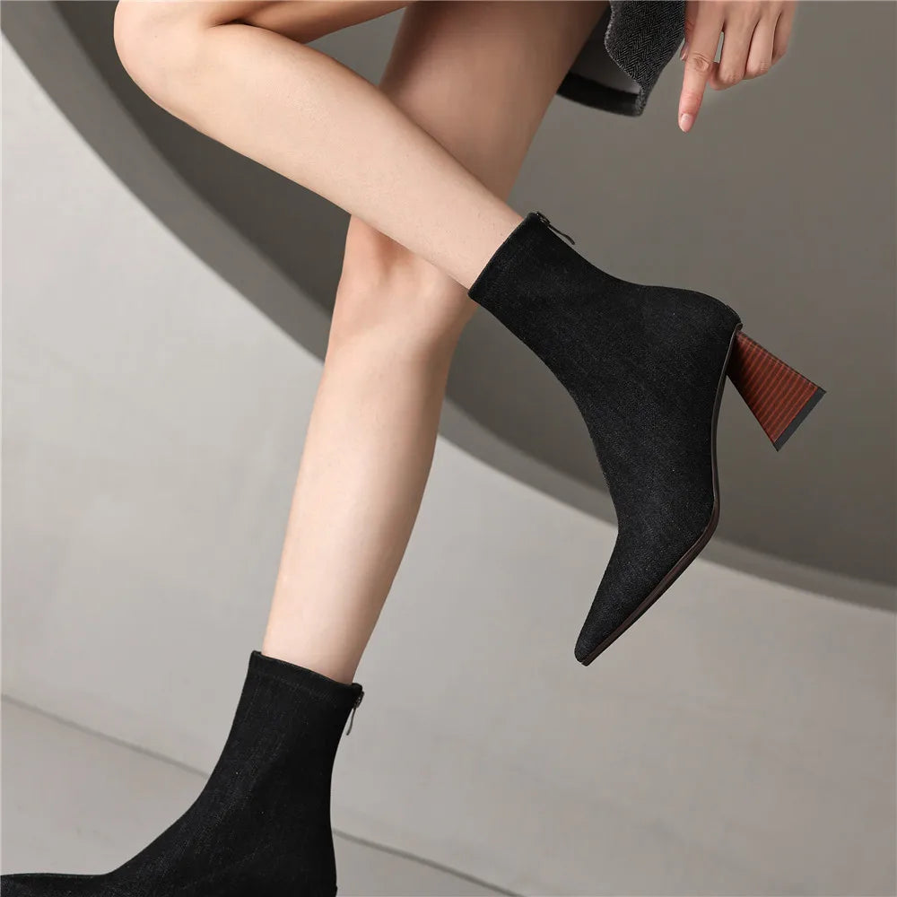 Elegant Pointed Toe Zippers Solid Color Party Thick Heels Ankle Strange Boots