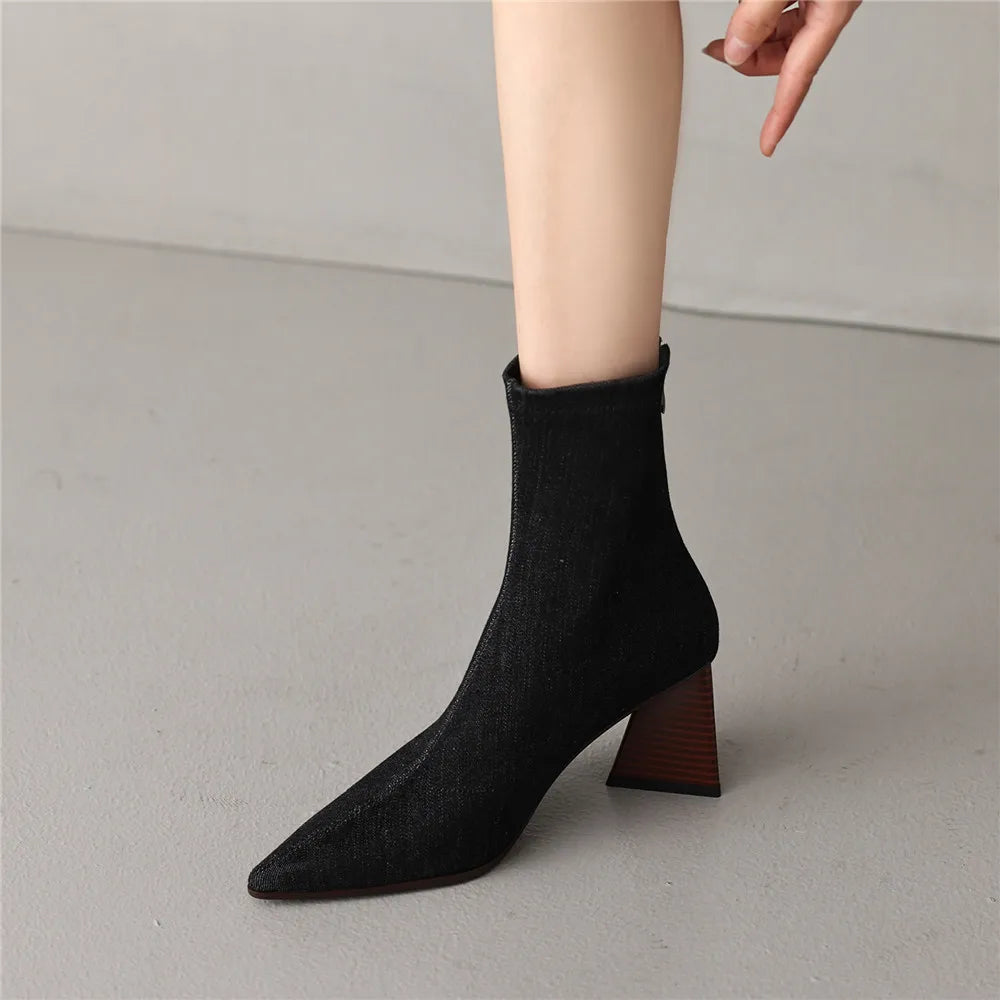 Elegant Pointed Toe Zippers Solid Color Party Thick Heels Ankle Strange Boots