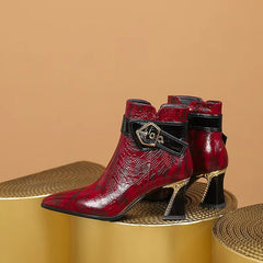 Elegant Pointed toe real leather short high heels Ankle office lady boot