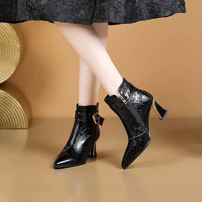 Elegant Pointed toe real leather short high heels Ankle office lady boot