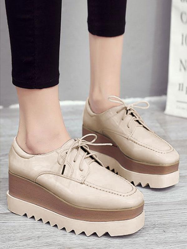 Elegant Polyurethane Lace Up Rubber Platform in Patent Leather Shoes