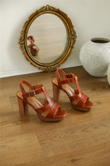 Elegant Real Leather Buckle Strap Thick High Heel Platform Sandals