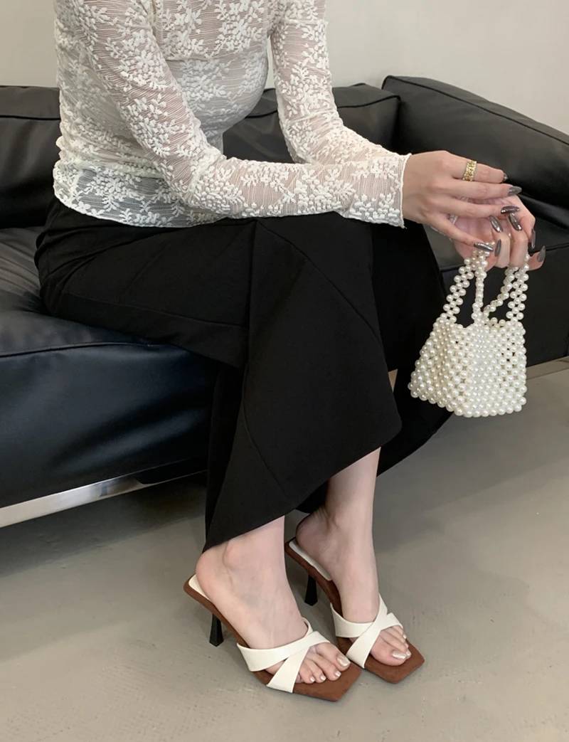 Elegant Retro Style Rubber Square Toe Slip On High Heel Sandals