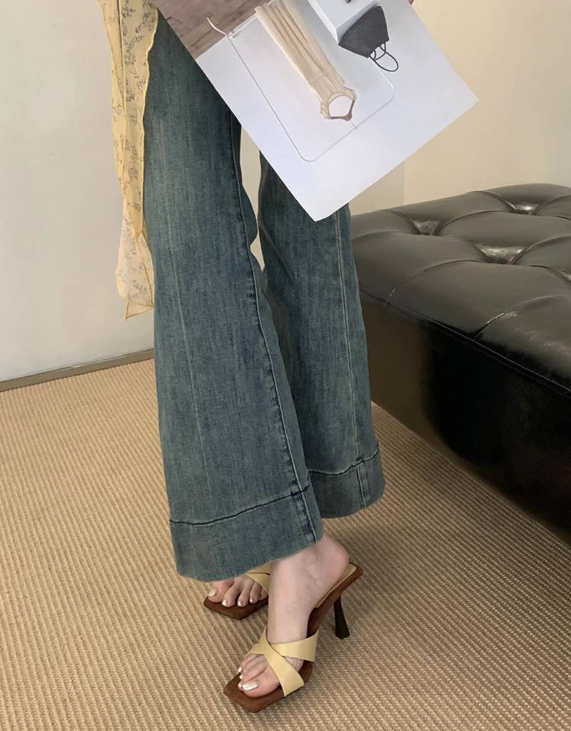 Elegant Retro Style Rubber Square Toe Slip On High Heel Sandals