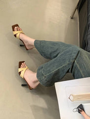 Elegant Retro Style Rubber Square Toe Slip On High Heel Sandals