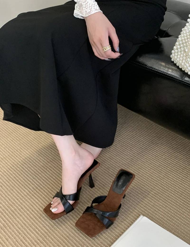 Elegant Retro Style Rubber Square Toe Slip On High Heel Sandals