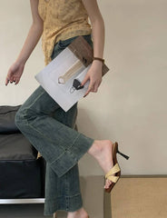 Elegant Retro Style Rubber Square Toe Slip On High Heel Sandals