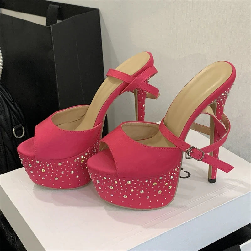 Elegant Rhinestone Glitter Buckle Strap Chunky Platform Ultra High Heels Sandals