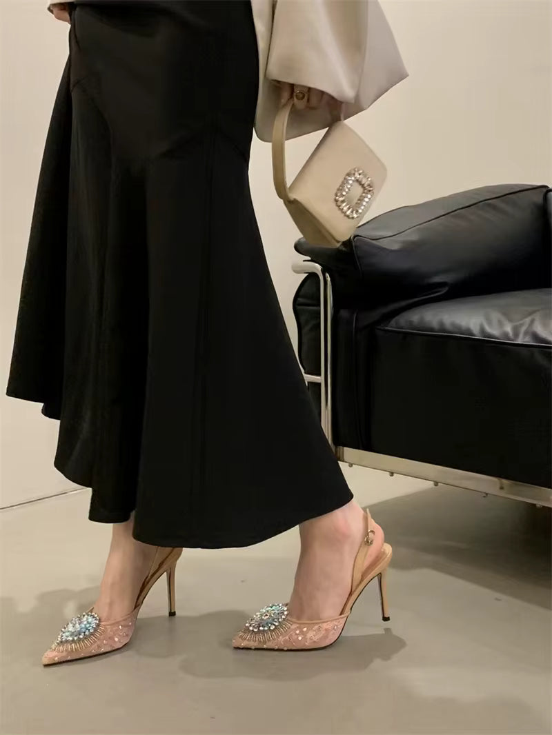 Elegant Rhinestone Mesh Pointed Toe Stiletto High Heels