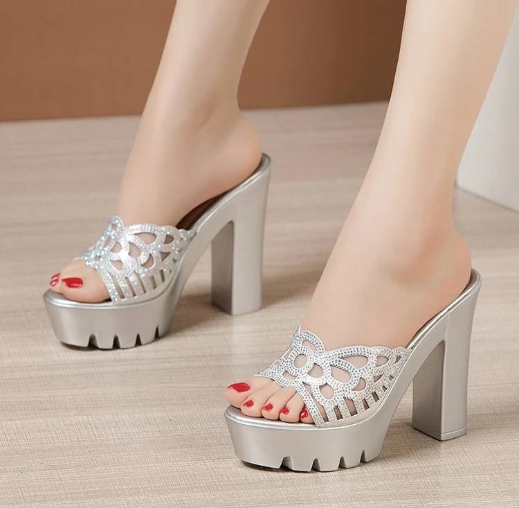 Elegant Rhinestone Wedding Party Block High Heels Pumps