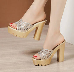 Elegant Rhinestone Wedding Party Block High Heels Pumps