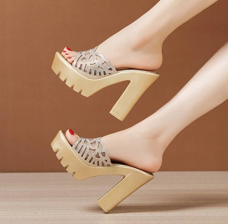 Elegant Rhinestone Wedding Party Block High Heels Pumps