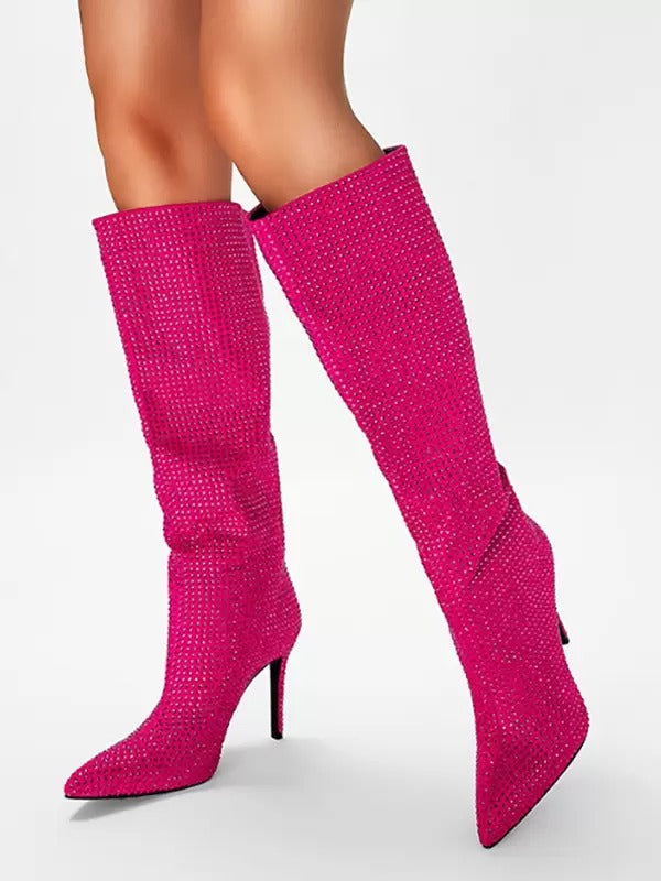 Elegant Rhinestones Knee High Pointed Toe High Heel Party Boots