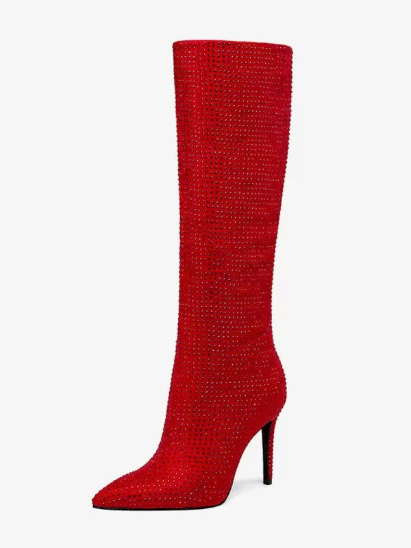 Elegant Rhinestones Knee High Pointed Toe High Heel Party Boots