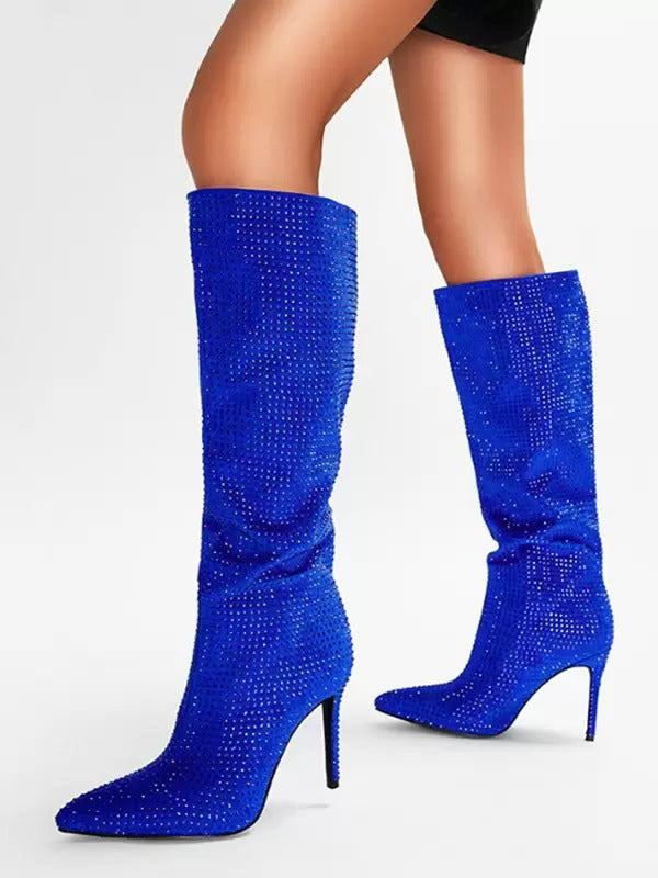 Elegant Rhinestones Knee High Pointed Toe High Heel Party Boots