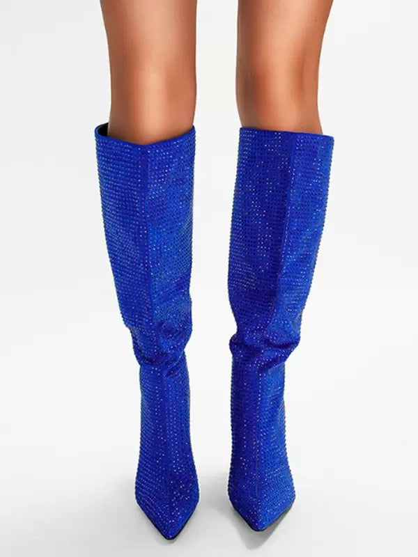 Elegant Rhinestones Knee High Pointed Toe High Heel Party Boots