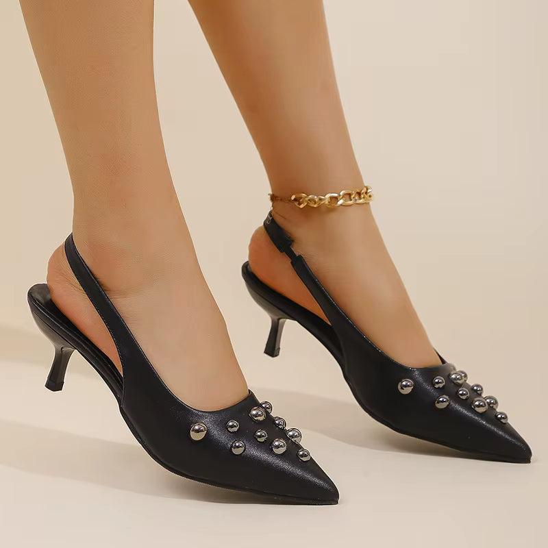 Elegant Rivet Pointed Toe Stiletto Heel Back Strap High Heel