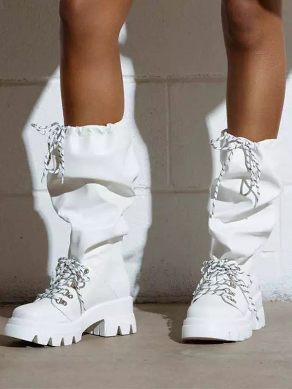 Elegant Round Toe Lace Up Flat Round Rubber Lining Mid Calf Boots