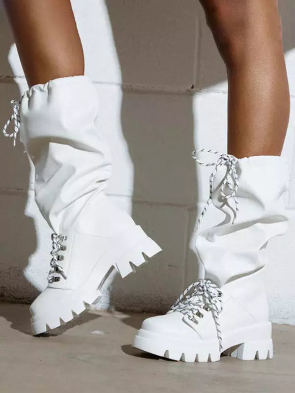 Elegant Round Toe Lace Up Flat Round Rubber Lining Mid Calf Boots