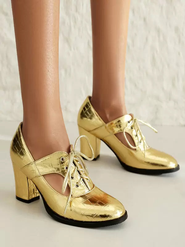 Elegant Round Toe PU Leather Polyurethane Chunky Heel