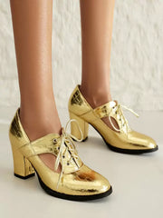 Elegant Round Toe PU Leather Polyurethane Chunky Heel