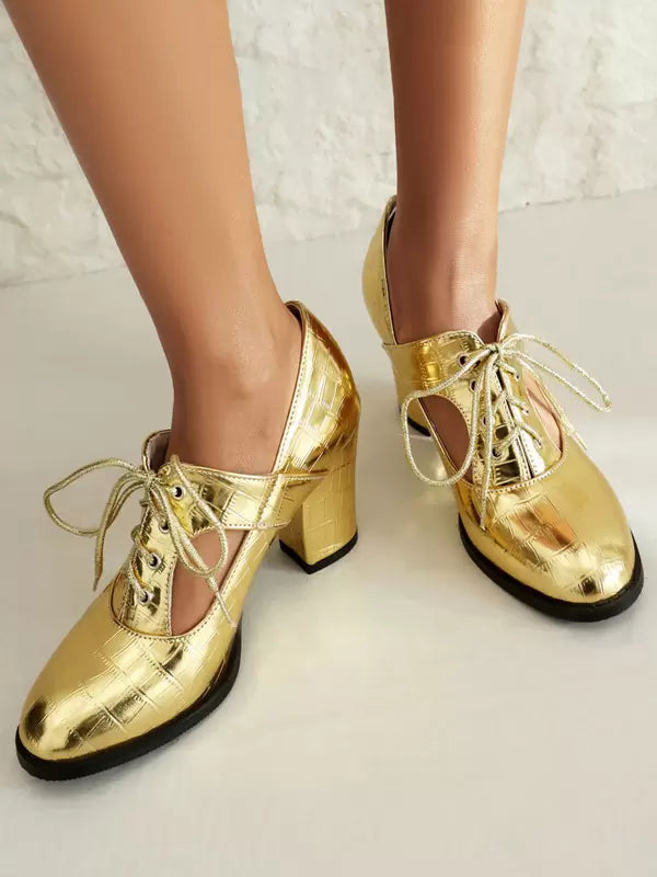 Elegant Round Toe PU Leather Polyurethane Chunky Heel