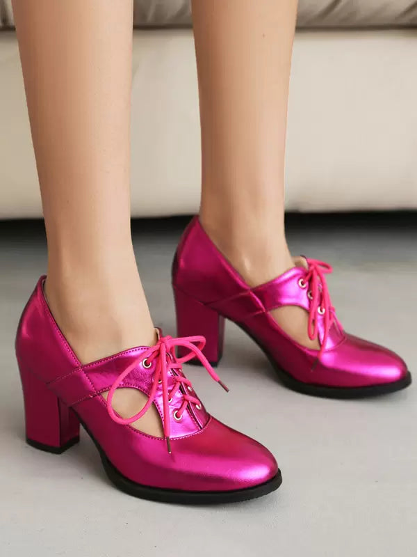 Elegant Round Toe PU Leather Polyurethane Chunky Heel