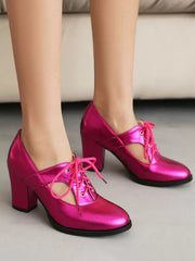 Elegant Round Toe PU Leather Polyurethane Chunky Heel