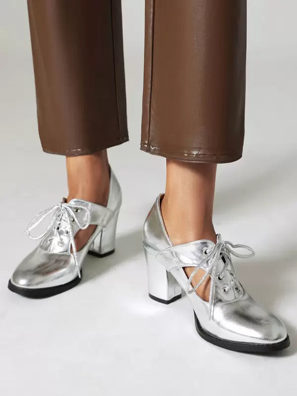 Elegant Round Toe PU Leather Polyurethane Chunky Heel