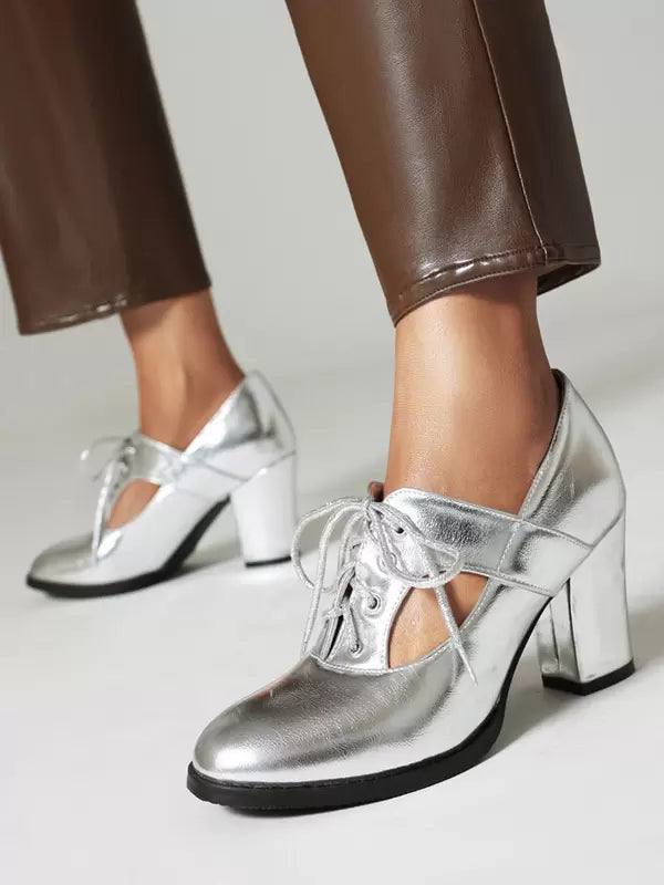 Elegant Round Toe PU Leather Polyurethane Chunky Heel